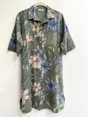 New Collection tropical floral short sleeve shirt dress 100% linen sage green OS